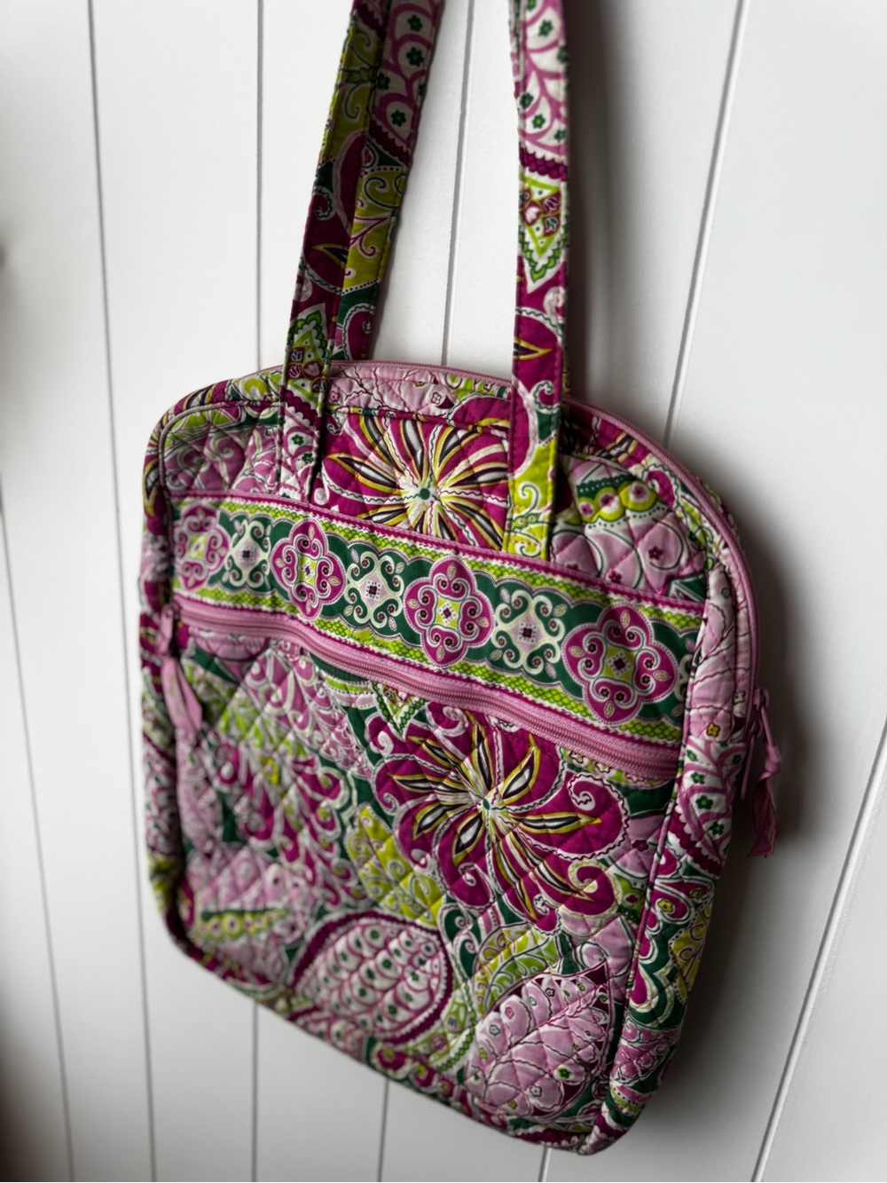 Vera Bradley Pink Green Zip Tall Tote Shoulder Bag Pinwheel Pink Retired - Picture 3 of 10